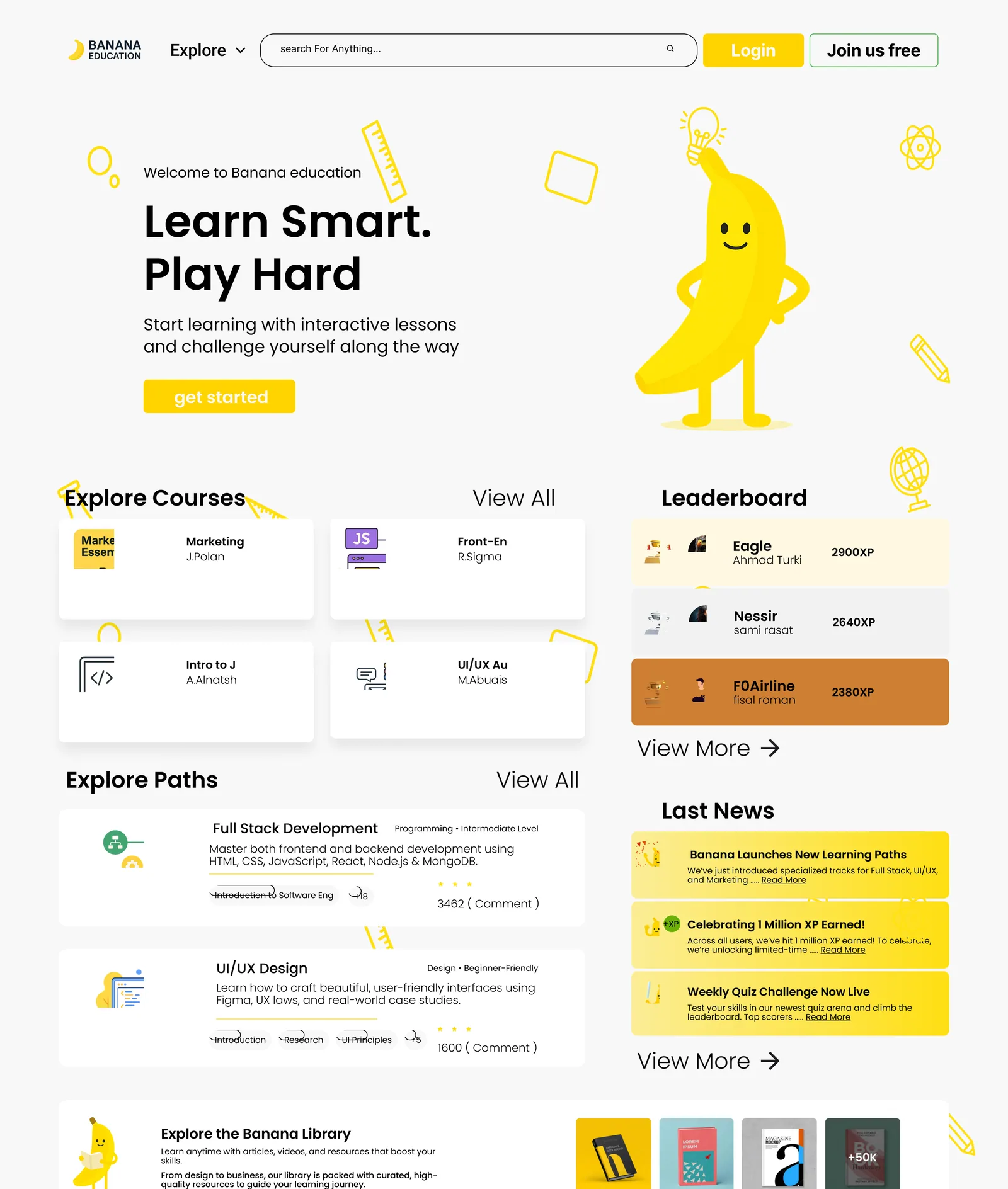 Landing page: “Learn smart. Play hard.”