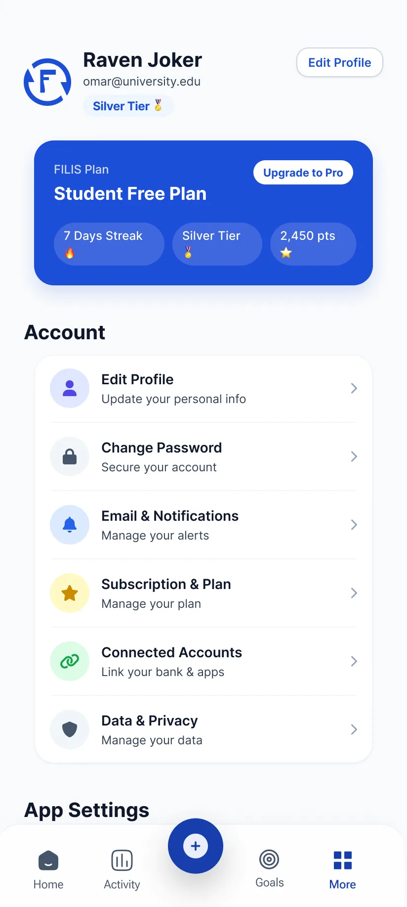 Profile and settings