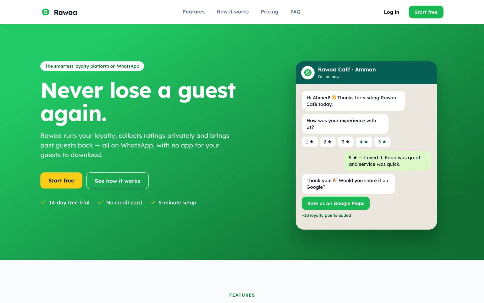 Marketing site: the WhatsApp loop plays in the hero, then features, how it works and pricing.