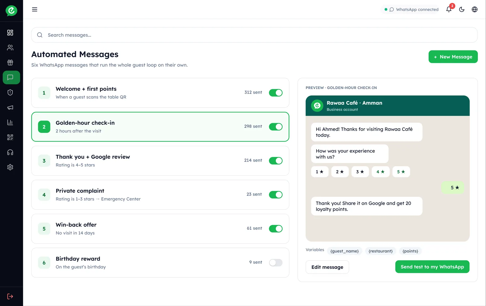 Automated messages, each with a live WhatsApp preview.