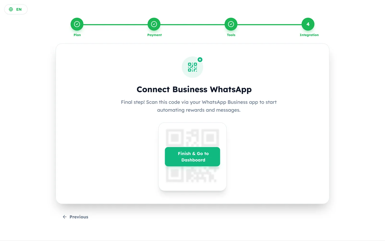 Onboarding ends by linking the business WhatsApp number.