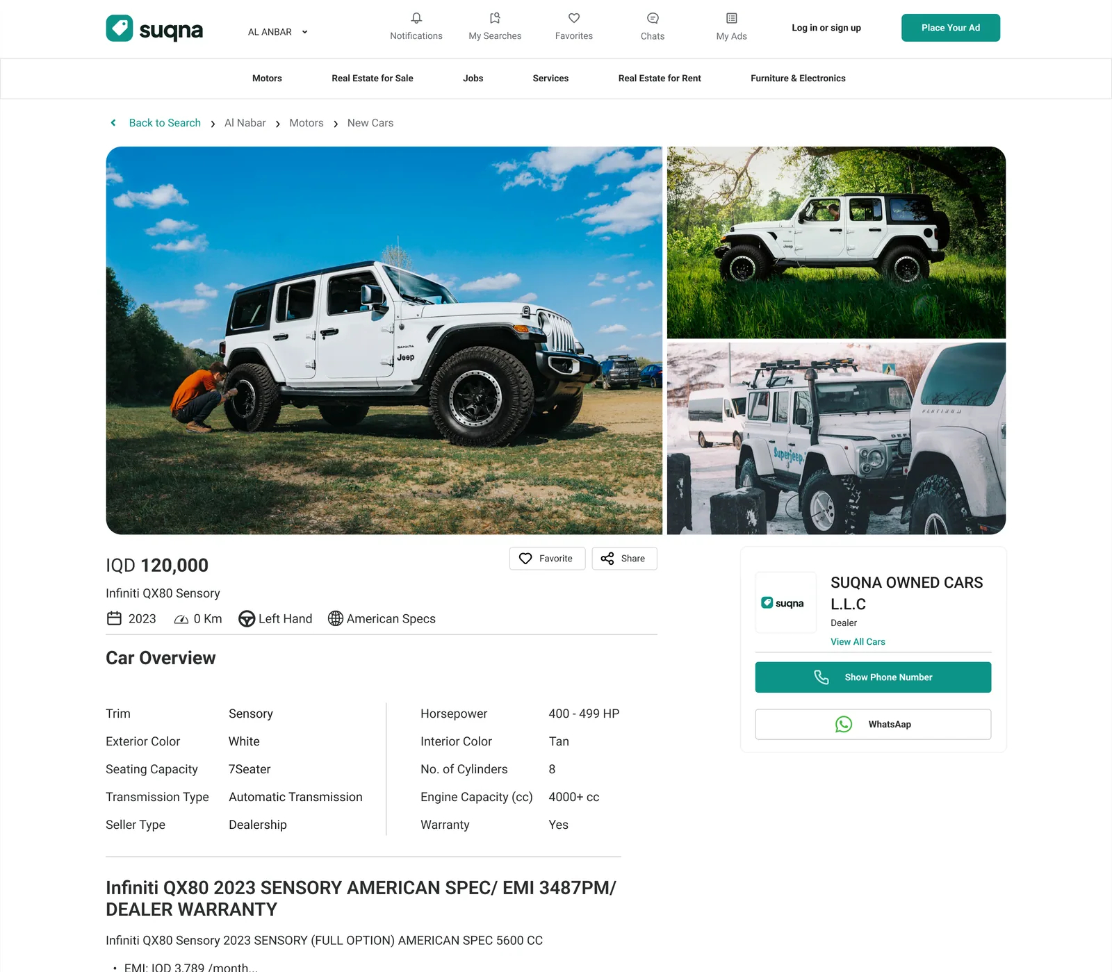 The detail page is built for deciding: the price, key specs, seller and contact stay in view.